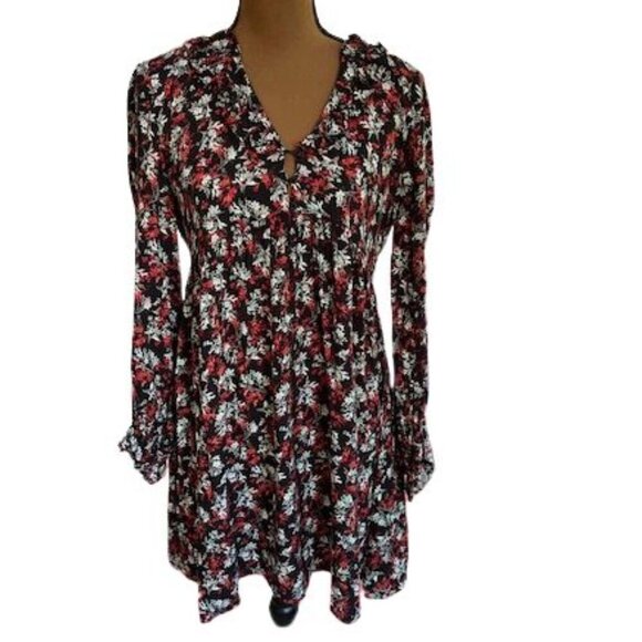 ZARA Flowing Black Long Sleeve Blouse with Red and White Floral Pattern – Small - Picture 1 of 6